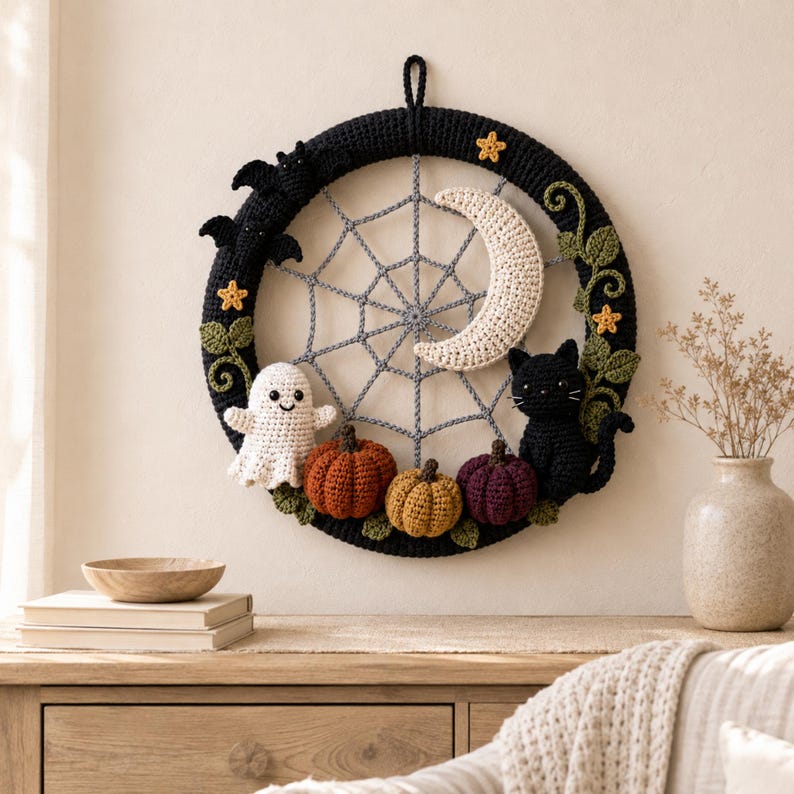 Crochet Halloween Wreath Pattern PDF, Ghost Pumpkin Black Cat Spiderweb, Gothic Door Decor, Fall Witch Crochet PDF Digital Download