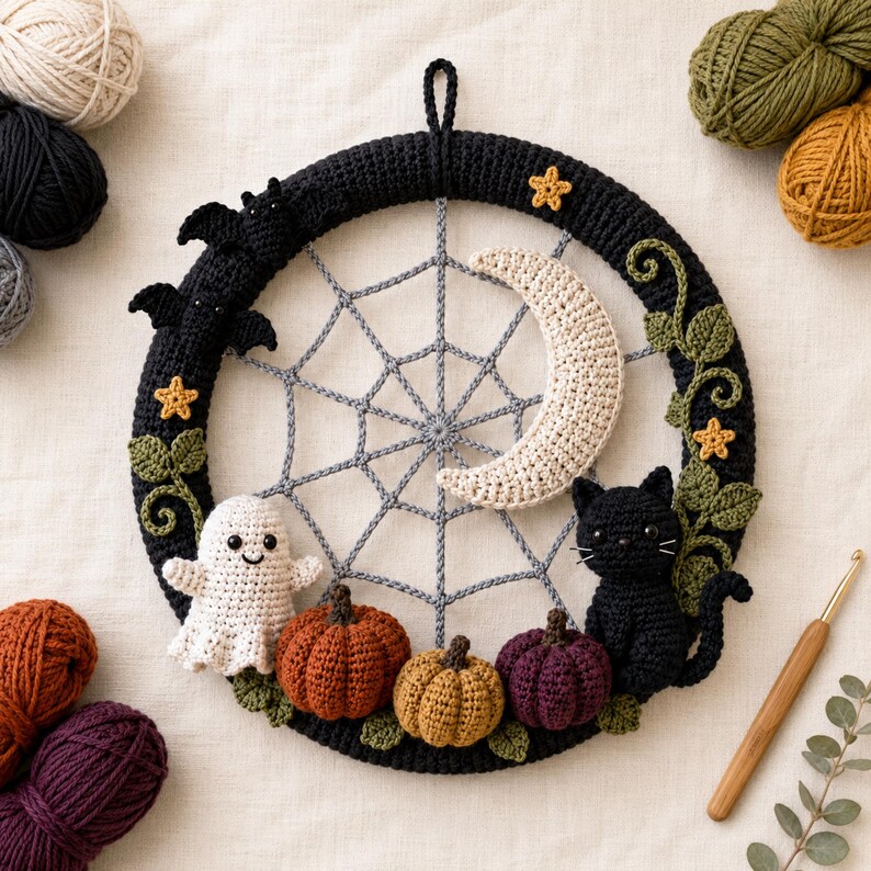 Crochet Halloween Wreath Pattern PDF, Ghost Pumpkin Black Cat Spiderweb, Gothic Door Decor, Fall Witch Crochet PDF Digital Download