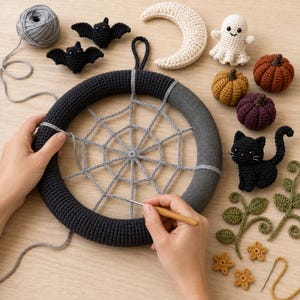 Crochet Halloween Wreath Pattern PDF, Ghost Pumpkin Black Cat Spiderweb, Gothic Door Decor, Fall Witch Crochet PDF Digital Download