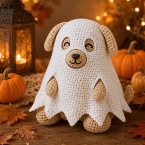 May include: A tan crocheted dog plush toy wearing a white crocheted ghost costume. The ghost cover features a jagged hem and cutouts for the dog's face, which has embroidered black eyes and a nose. The dog has floppy ears and a small tail.