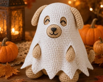 Wzór na szydełkowego szczeniaka ducha w formacie PDF, pies amigurumi na Halloween, zdejmowany kostium ducha, pluszowy szczeniak, wzory dekoracyjne psa ducha w formacie PDF