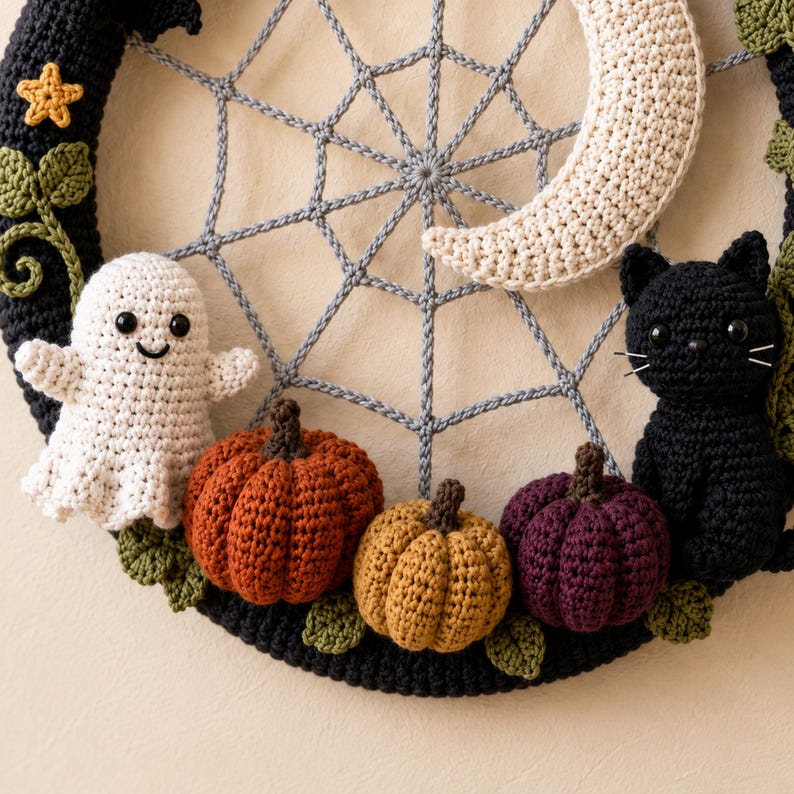 Crochet Halloween Wreath Pattern PDF, Ghost Pumpkin Black Cat Spiderweb, Gothic Door Decor, Fall Witch Crochet PDF Digital Download