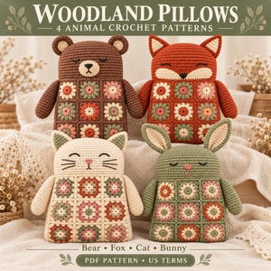 Woodland Animal Granny Square Pillow Crochet Pattern Bundle, Bear Fox Cat Bunny Cushion, Amigurumi Pillow, Easy Crochet Cushion PDF