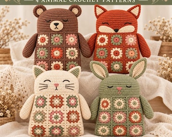 Woodland Animal Granny Square Pillow Crochet Pattern Bundle, Bear Fox Cat Bunny Cushion, Amigurumi Pillow, Easy Crochet Cushion PDF