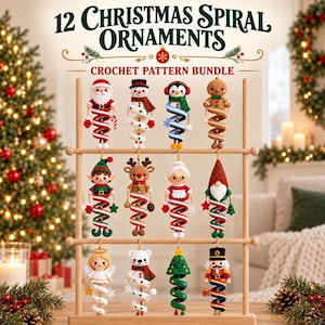 May include: A crochet pattern bundle titled 12 Christmas Spiral Ornaments featuring twelve hanging decorations including Santa, a snowman, a penguin, a gingerbread person, an elf, a reindeer, Mrs. Claus, a gnome, an angel, a bear, a tree, and a nutcracker.
