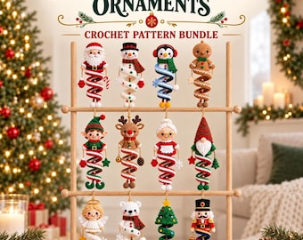 May include: A crochet pattern bundle titled 12 Christmas Spiral Ornaments featuring twelve hanging decorations including Santa, a snowman, a penguin, a gingerbread person, an elf, a reindeer, Mrs. Claus, a gnome, an angel, a bear, a tree, and a nutcracker.