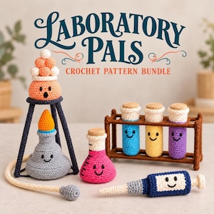 May include: A collection of crocheted laboratory items including a tripod stand with a peach-colored flask, a gray flask, a pink flask, a brown test tube rack with three colored test tubes, and a blue syringe, all featuring embroidered faces.