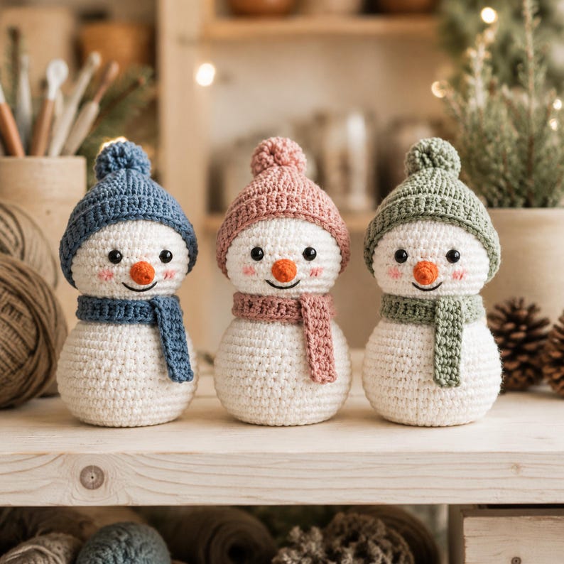 Crochet Snowman Friends PDF Pattern, Amigurumi Winter Trio with Hats and Scarves, Cute Snowman Crochet Easy Pattern PDF