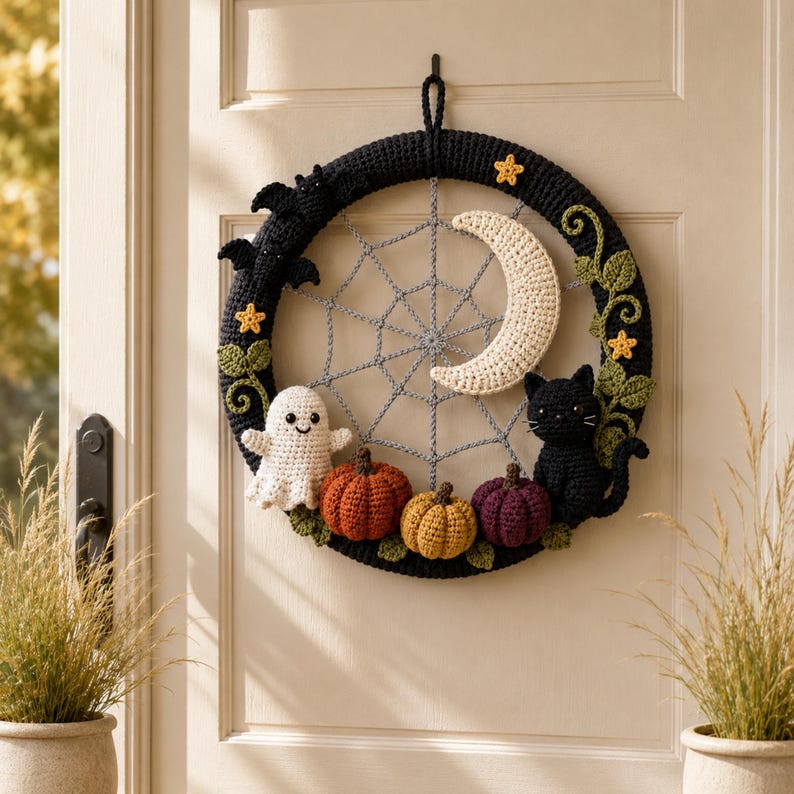 Crochet Halloween Wreath Pattern PDF, Ghost Pumpkin Black Cat Spiderweb, Gothic Door Decor, Fall Witch Crochet PDF Digital Download
