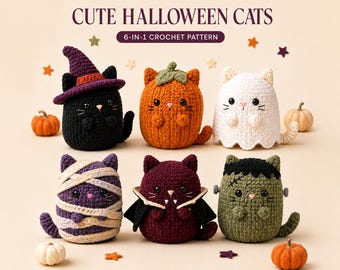 以下が含まれることがあります： テキスト「CUTE HALLOWEEN CATS 6-IN-1 CROCHET PATTERN」が書かれた6体の編みぐるみの猫。魔女、カボチャ、幽霊、ミイラ、吸血鬼、フランケンシュタインの怪物に扮した猫たちが、小さな編みぐるみのカボチャや星と一緒に並んでいます。