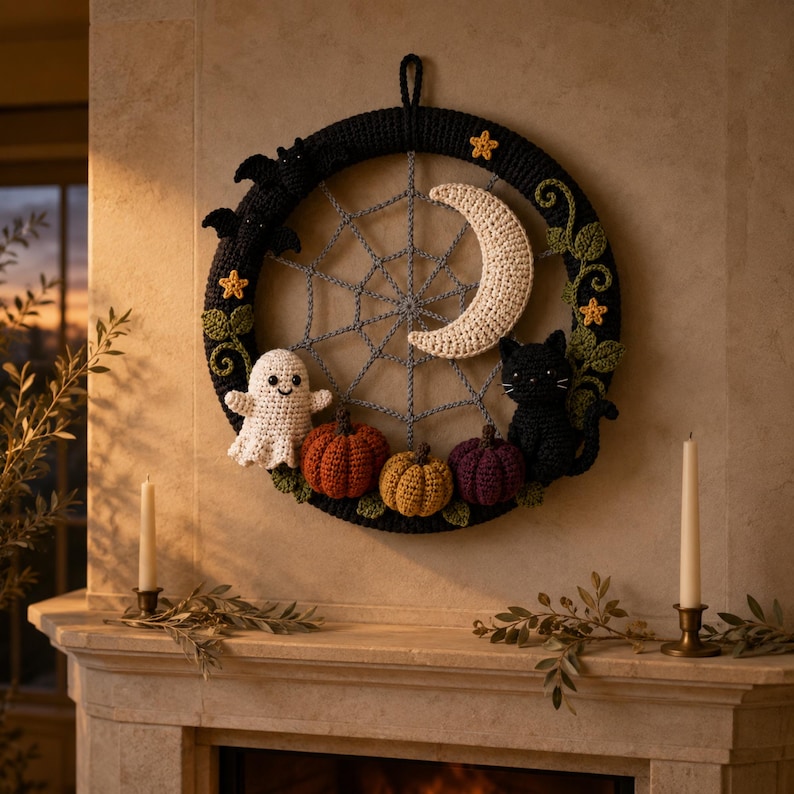 Crochet Halloween Wreath Pattern PDF, Ghost Pumpkin Black Cat Spiderweb, Gothic Door Decor, Fall Witch Crochet PDF Digital Download