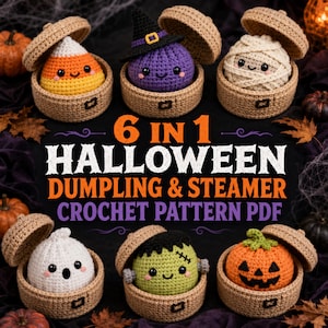 Könnte beinhalten: Sechs gehäkelte Halloween-Figuren, darunter ein Candy Corn, eine lila Hexe, eine Mumie, ein Geist, ein Frankenstein-Monster und ein Kürbis, jeweils in einem beigen gehäkelten Dampfgarer. Text: 6 IN 1 HALLOWEEN DUMPLING & STEAMER CROCHET PATTERN PDF.