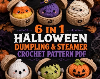6 w 1 Halloween pieróg szydełkowy wzór PDF, zestaw amigurumi z koszykiem na parze, samouczek pluszowy Kawaii, prezent dla początkujących szydełkowych
