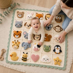 Op de afbeelding: Een crèmekleurige gehaakte babydeken met een raster van vierkante vakken, elk versierd met een uniek 3D-dier of vorm, waaronder een beer, konijn, vos, leeuw, uil, kat, hond, koala, aap, tijger, muis, eekhoorn, schaap, giraf, olifant, koe, kikker, pinguïn, eend, bij, hart, wolk en ster.