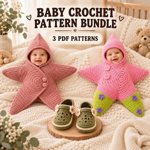 May include: A digital display showing BABY CROCHET PATTERN BUNDLE and 3 PDF PATTERNS. The image features two infants wearing star-shaped hooded crochet buntings in dusty rose and pink with green accents, plus a pair of olive green crochet baby shoes.