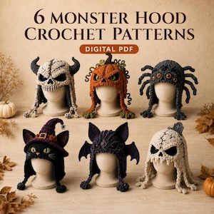 May include: Six crochet monster hood patterns in a digital PDF format. The collection includes a skull hood, a pumpkin hood, a spider hood with multiple eyes, a black cat hood with a witch hat, a bat hood, and a ghost hood with a tombstone.