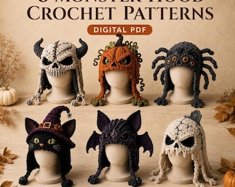May include: Six crochet monster hood patterns in a digital PDF format. The collection includes a skull hood, a pumpkin hood, a spider hood with multiple eyes, a black cat hood with a witch hat, a bat hood, and a ghost hood with a tombstone.