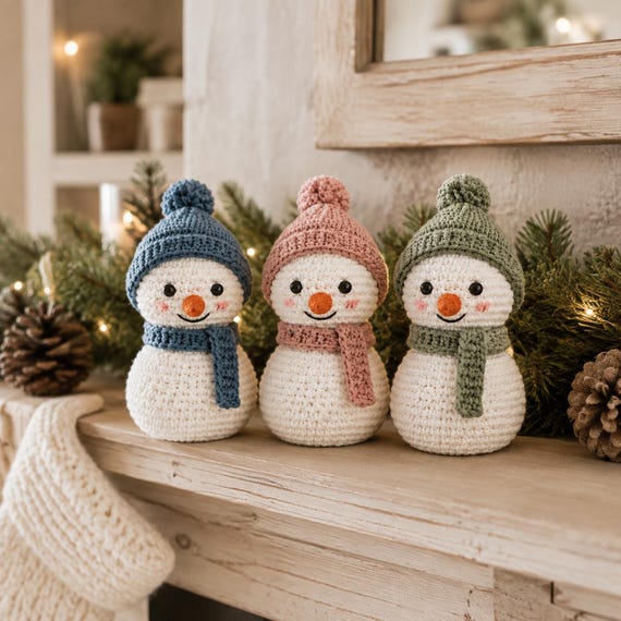 Crochet Snowman Friends PDF Pattern, Amigurumi Winter Trio with Hats and Scarves, Cute Snowman Crochet Easy Pattern PDF