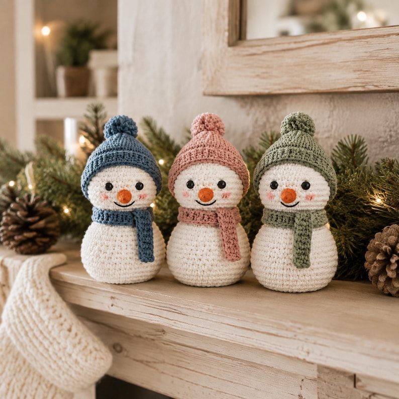 Crochet Snowman Friends PDF Pattern, Amigurumi Winter Trio with Hats and Scarves, Cute Snowman Crochet Easy Pattern PDF