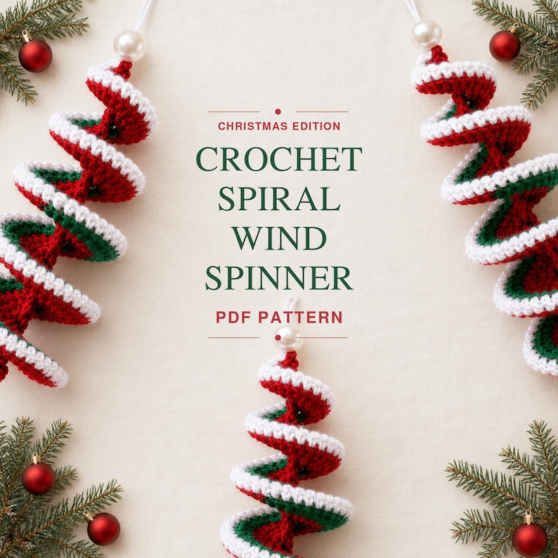 Christmas Crochet Spiral Wind Spinner Pattern PDF, Red Green Holiday Hanging Decoration, Festive Crochet Ornament, Xmas Crochet Pattern PDF