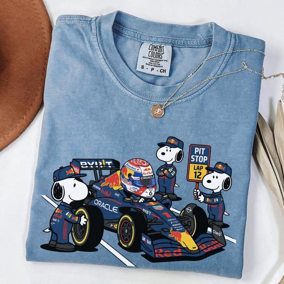 Comfort Colors® Max Verstappen Snoopy Pit Crew F1 Tee, Red Bull Racing Cartoon Shirt, Funny Formula 1 Pit Crew Graphic T-Shirt, Motorsport