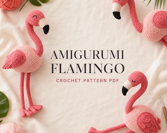 Wzór szydełkowy na różowego flaminga w formacie PDF, różowy flaming, amigurumi z tropikalnymi zwierzętami, pluszowy flaming w formacie PDF do pobrania w wersji cyfrowej