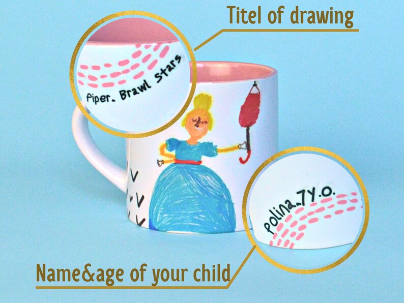 6oz. Child's drawing on mug and his photo on backside 6oz. Child's drawing on mug and his photo on backside