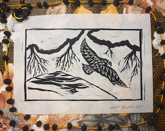Hawk over the Mountain Block Print 4x6