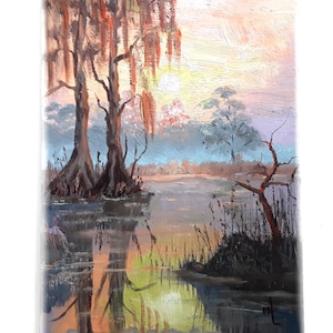 Louisiana Swamp Art Cypress Tree Artwork Original Oil Artwork Sunset Painting 8x10" by annimonartstudio