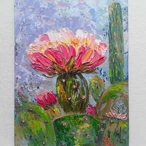 Cactus Flower Oil Painting: Desert Floral Art, 7x9.5&quot; Original Artwork