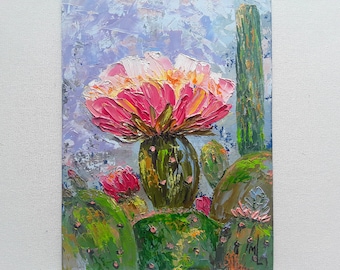 Cactus Flower Oil Painting: Desert Floral Art, 7x9.5" Original Artwork
