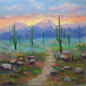 Original Saguaro Cactus Oil Painting: Arizona Desert Sunset Art (18x18.5 in)