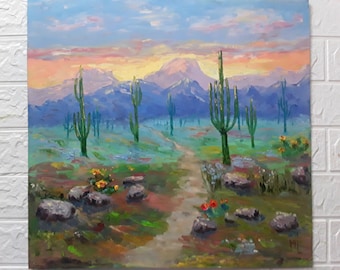 Original Saguaro Cactus Oil Painting: Arizona Desert Sunset Art (18x18.5 in)