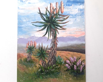 Red Agave Painting Desert Landscape Original Oil Artwork Agave Blossoms Art American Landscape 10x12 in by annimonartstudio