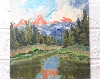Original Oil Painting: Mountain Lake Landscape Art (8x8in)