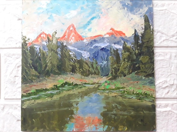 Lake Painting Mountain Landscape Original Oil Art Trees