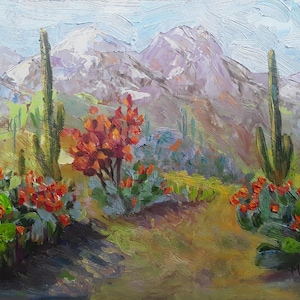 Saguaro Cactus Painting: Arizona Desert Oil Landscape Artwork (8x13in)