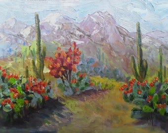 Saguaro Cactus Painting: Arizona Desert Oil Landscape Artwork (8x13in)
