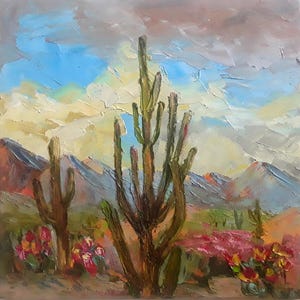 Desert Cactus Oil Painting Arizona Landscape Artwork (10x10 in)