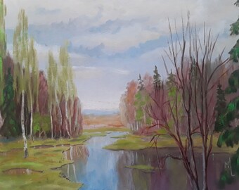 Trees Painting Vermont Landscape River Artwork Original Oil Art Forest Painting 10x15in by annimonartstudio