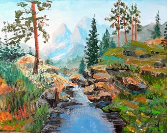 Idaho Landscape River Painting Mountain Artwork Trees Painting Original Oil Art 8x12in by annimonartstudio