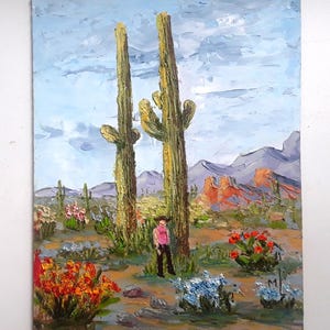 Desert Landscape Mountains Painting Flowers Artwork Cactus Painting Original Oil Art 8x19in by annimonartstudio