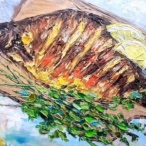 Fried Fish Painting Fish Artwork Still Life Painting Food Painting Small Artwork 6x8in by  annimonartstudio
