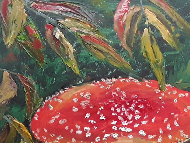 May include: A red and white mushroom with white spots on the top, painted in a stylized way with thick brushstrokes. The mushroom is surrounded by green and brown leaves.
