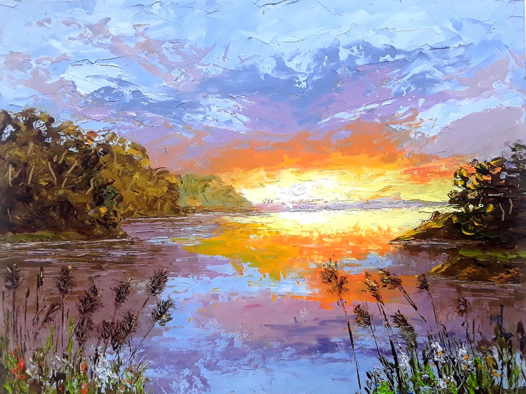 Original Oil Painting Landscape Art Sunset Painting Lake Scene Colorful ...