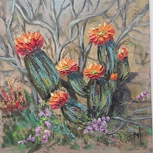 Original Cactus Flower Oil Painting: Desert Floral Art, 8x8&quot;