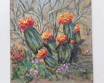 Original Cactus Flower Oil Painting: Desert Floral Art, 8x8"