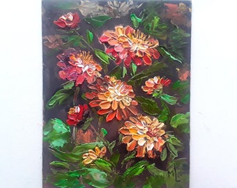 Zinnias Painting Flower Artwork Original Oil Art Garden Flower Art Small Painting 8x10 in by annimonartstudio