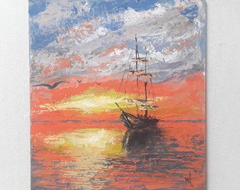 Sailing Boat Oil Painting: California Seascape Nautical Art (9x10 in)