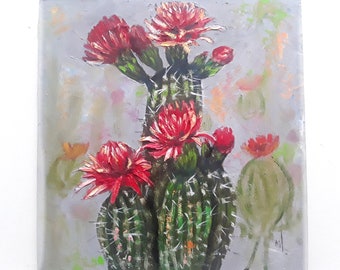 Original Cactus Flower Oil Painting: Pink Floral Artwork (10x10in)